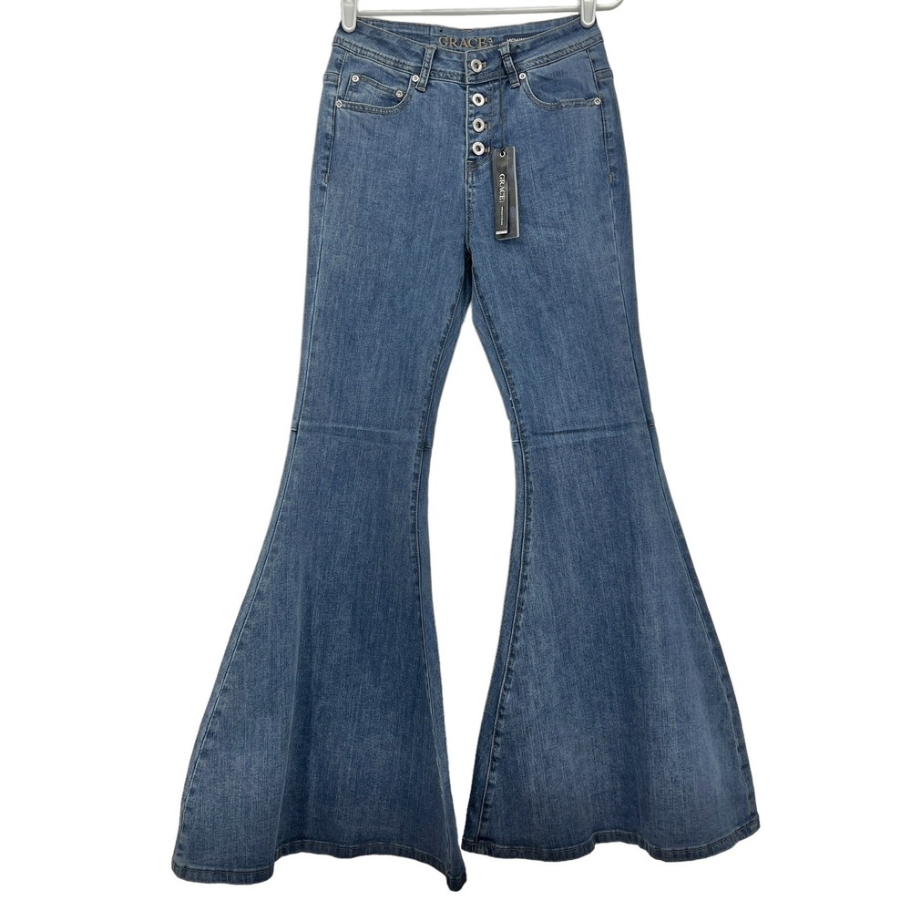 GRACE in LA Women's Flare Leg Buttons High Rise Stretch Blue Denim Jeans 26 NWT